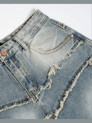 Patchwork Barrel Jeans – Blau, Bund und Naht, Nahaufnahme | XoKool