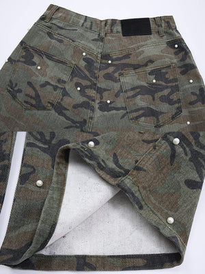 Pearl Embellished Camo Cargo Pants – Back patch and inner fabric close-up | XoKool