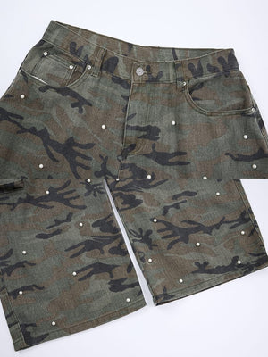 Pearl Embellished Camo Cargo Pants – Front laid flat close-up | XoKool