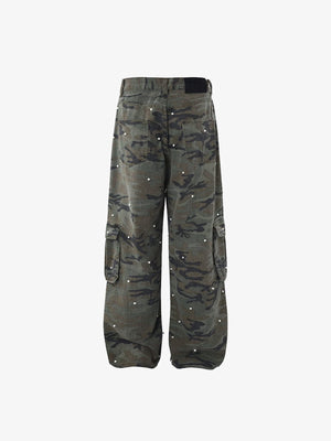 Pearl Embellished Camo Cargo Pants – Green Camo, back flat | XoKool