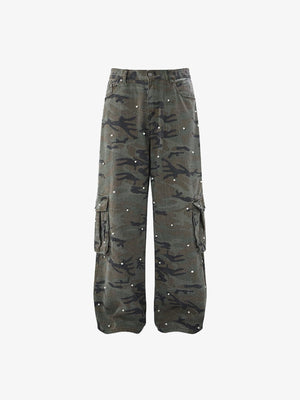 Pearl Embellished Camo Cargo Pants – Green Camo, front flat | XoKool