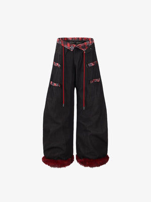 Plaid Waistband Barrel Jeans with Faux Fur Cuffs – Black, front flat lay | XoKool