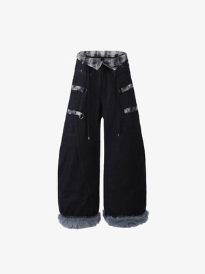 Karo-Jeans mit Fellbündchen – Blau, Vorderansicht flach | XoKool