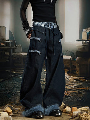 Karo-Jeans mit Fellbündchen – Blau, am Model, Vorderansicht Nahaufnahme | XoKool