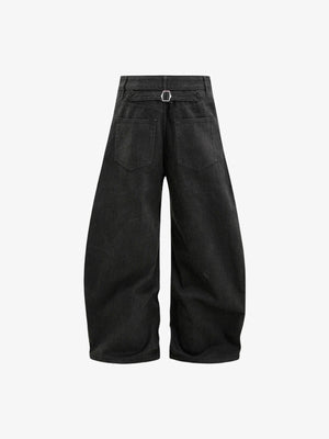 Pleated Button Fly Barrel Jeans – Black, back flat | XoKool