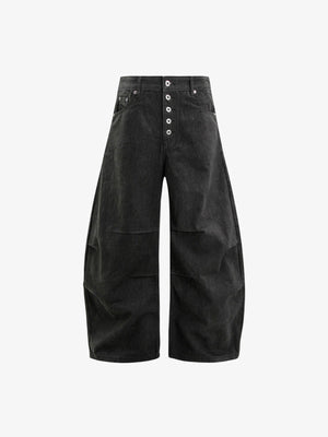 Pleated Button Fly Barrel Jeans – Black, front flat | XoKool