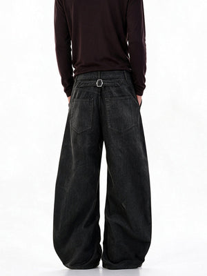 Pleated Button Fly Barrel Jeans – Black on model, back | XoKool