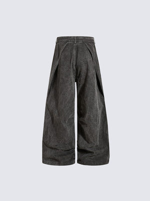 Pleated Grey Baggy Jeans with Star Buttons – Washed Charcoal, back flat | XoKool