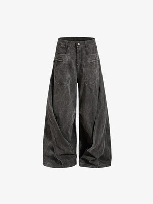 Pleated Grey Baggy Jeans with Star Buttons – Washed Charcoal, front flat | XoKool
