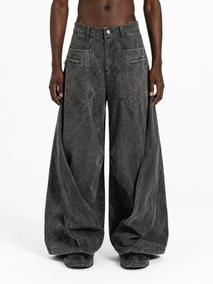 Pleated Grey Baggy Jeans with Star Buttons – Washed Charcoal on model, front | XoKool