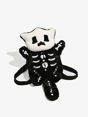 Plush Skeleton Cat Backpack with Tail – front view with straps | XoKool