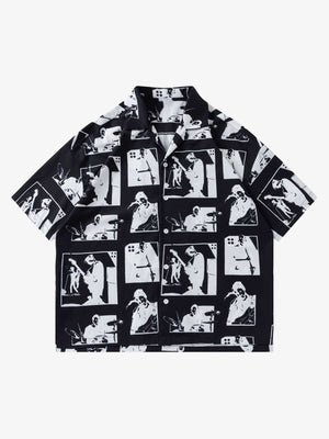 Camisa de cuello campamento con estampado de silueta – Negro, vista frontal | XoKool