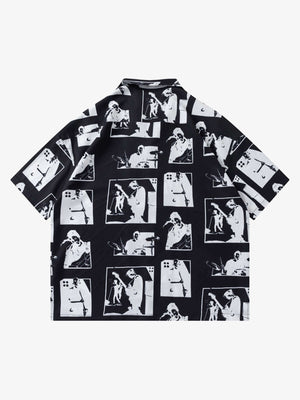 Camisa de cuello campamento con estampado de silueta – Negro, vista trasera | XoKool