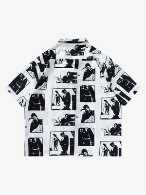 Camisa de cuello campamento con estampado de silueta – Blanco, vista trasera | XoKool