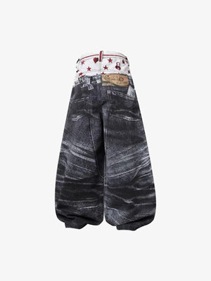 Printed Wide Leg Pants with Denim Illusion Print – back flat | XoKool