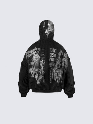 Punk Collage Strick-Hoodie mit Sturmhaube – Schwarz, Rückansicht | XoKool