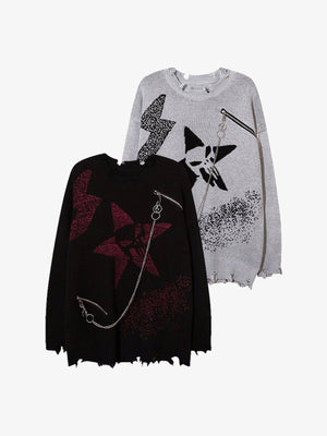 Punk Star Distressed Strickpullover mit Kette – Schwarz und Hellgrau, Vorderansichten im Vergleich | XoKool