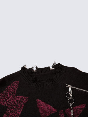 Punk Star Pullover – Schwarz, ausgefranster Ausschnitt und Reißverschluss im Detail | XoKool