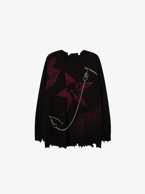 Punk Star Distressed Strickpullover mit Kette – Schwarz, Vorderansicht | XoKool
