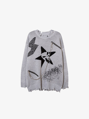 Punk Star Distressed Strickpullover mit Kette – Hellgrau, Vorderansicht | XoKool