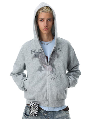 Puppy Zip Hoodie – am Model, Grau, Kapuze auf | XoKool