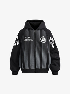 Racing Stripe Boxy Zip Up Hoodie – Black, front view | XoKool