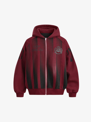 Racing Stripe Boxy Zip Up Hoodie – Burgundy, front view | XoKool