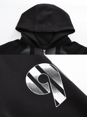 Racing stripe zip hoodie – hood and sleeve number graphic close-up | XoKool