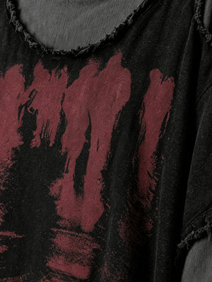 Layered raw edge tee – red print close-up | XoKool