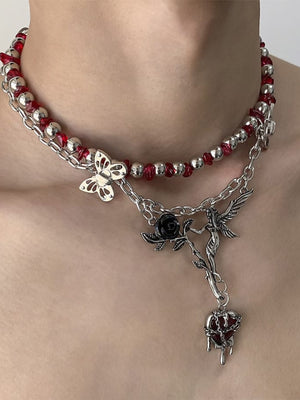 Red bead choker – on model, butterfly side | XoKool