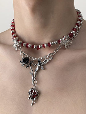Red Bead Choker with Rose and Butterfly Charms – on model, neck close-up | XoKool