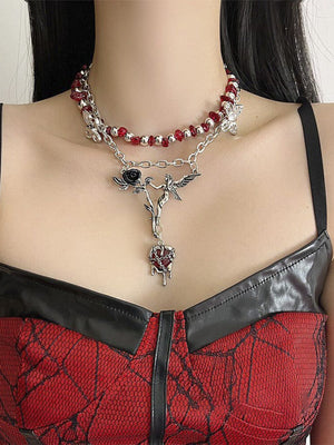 Red bead choker – on model, women's red top, front | XoKool