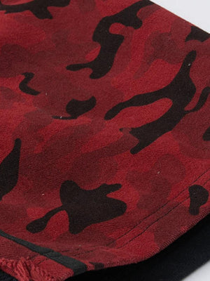 Red Camo Wide Leg Pants with Raw Hem – Camo fabric and hem close-up | XoKool