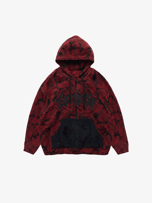 Hoodie con cierre de camuflaje rojo y bolsillo desgastado – vista frontal | XoKool