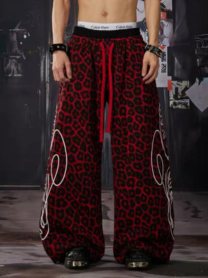 Red Leopard Print Distressed Wide Leg Sweatpants – On model, front | XoKool