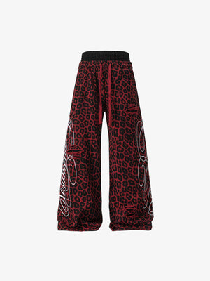 Red Leopard Print Distressed Wide Leg Sweatpants – Red leopard, front view | XoKool