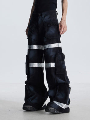 Reflective Stripe Wide Leg Cargo Pants – Black, on model front | XoKool
