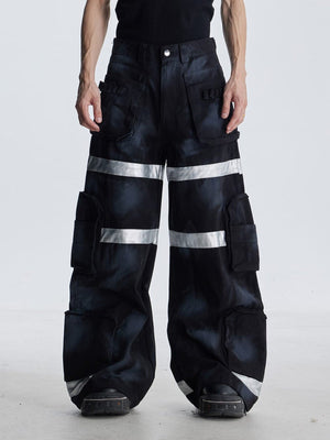Reflective Stripe Wide Leg Cargo Pants – Black, on model front | XoKool