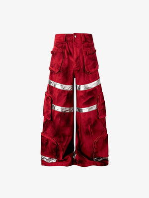 Reflective Stripe Wide Leg Cargo Pants – Red, front flat | XoKool