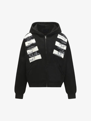 Boxy Zip Hoodie mit Spruch-Patches – Schwarz, Vorderansicht | XoKool