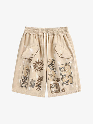 Shorts cargo beige con estampado de glifos y cordón – Beige, frontal plano | XoKool
