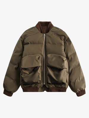 Puffer Bomber Jacket with Cargo Pockets – Olive Green, front flat view | XoKool