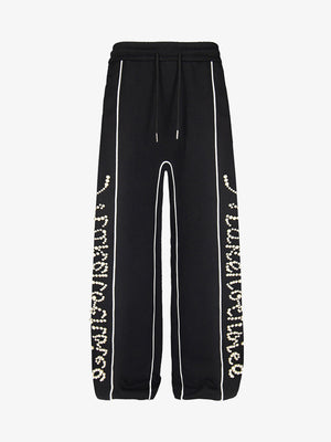Wide Leg Jogginghose mit Perlenbuchstaben und Paspel – Schwarz, Vorderansicht flach | XoKool