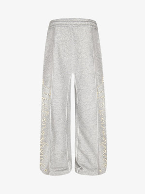 Wide Leg Jogginghose mit Perlenbuchstaben und Paspel – Grau meliert, Rückansicht flach | XoKool