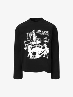 Retro TV Collage Graphic Long Sleeve Shirt – Black, front view | XoKool