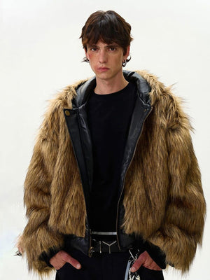 Reversible Hooded Jacket in Black PU and Faux Fur – on model, fur side, front | XoKool