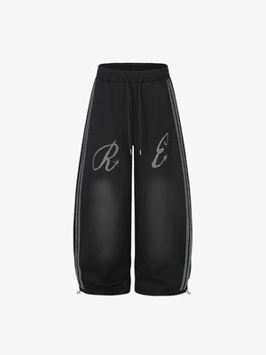 Rhinestone Barrel Leg Sweatpants with Side Stripes – Black, front view | XoKool