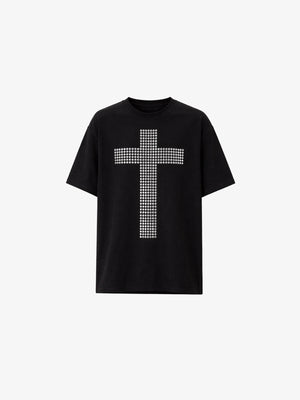 Camiseta con cruz de strass en blanco – Negro, vista frontal | XoKool