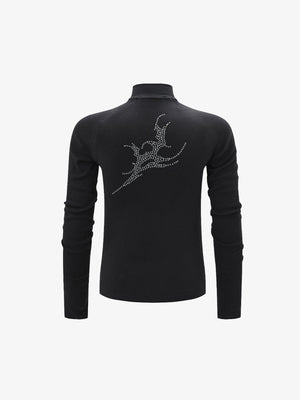Rhinestone Quarter Zip Long Sleeve Shirt with Tribal Flames – Black, back flat view | XoKool