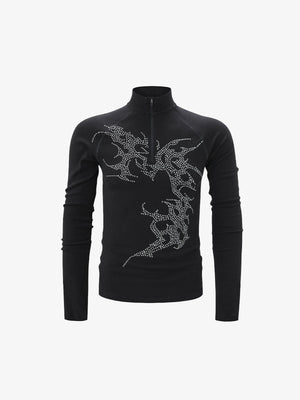 Rhinestone Quarter Zip Long Sleeve Shirt with Tribal Flames – Black, front flat view | XoKool